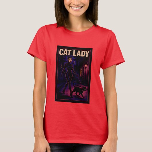 Cat Lady -Cats Art Lover- City Night Comic Graphic T-shirt (Voorkant)