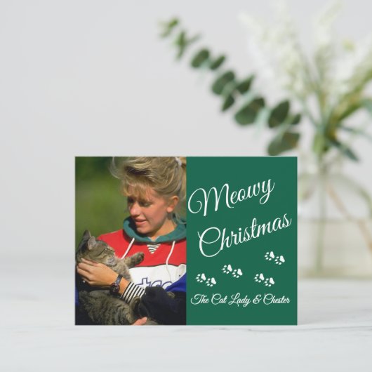 Cat Lady Christmas Photo Holiday Paw Prints Green Briefkaart (Staand voorkant)