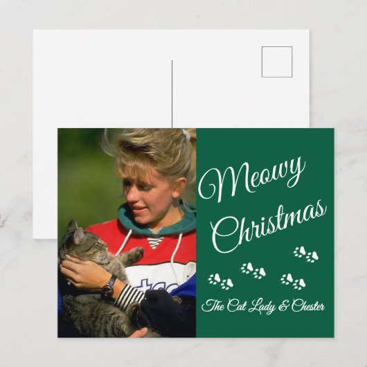 Cat Lady Christmas Photo Holiday Paw Prints Green Briefkaart (Voorkant / Achterkant)