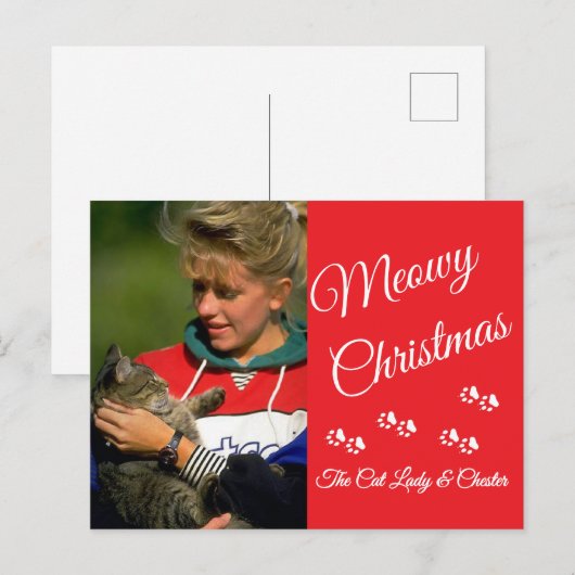 Cat Lady Christmas Photo Holiday Paw Prints Red Briefkaart (Voorkant / Achterkant)