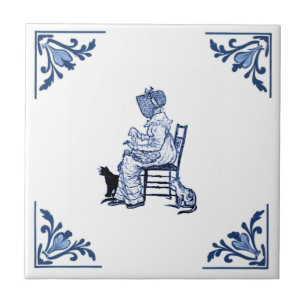  Cat Lady Delft Hoek Blauw en Wit Tegeltje