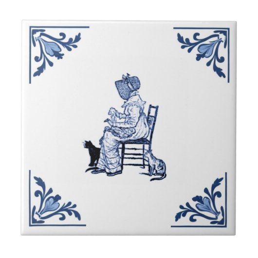 Cat Lady Delft Hoek Blauw en Wit Tegeltje (Voorkant)