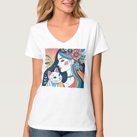 Cat Lady grafische illustratie T-shirt (Voorkant)