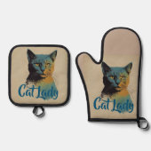 Cat Lady Oven Mitt & Pot Houder Ovenwant & Pannenlap Set (Voorkant)