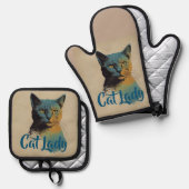Cat Lady Oven Mitt & Pot Houder Ovenwant & Pannenlap Set (Voorkant / Achterkant)