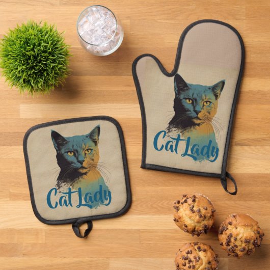Cat Lady Oven Mitt & Pot Houder Ovenwant & Pannenlap Set (Top down)