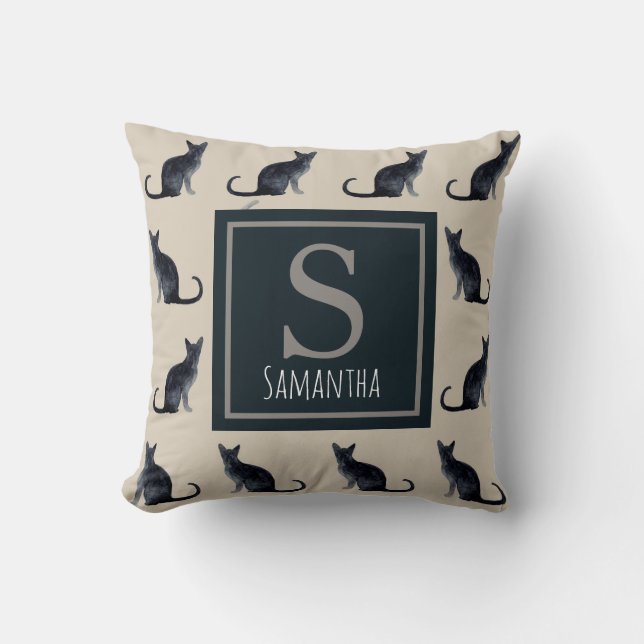 Cat Lady Taupe Waterverf Black Kat Patroon Kussen (Voorkant)