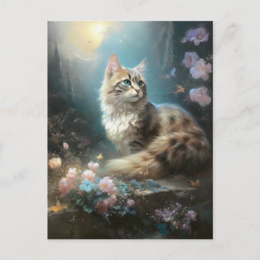 Cat Landscape Flowers Fantasy Art Briefkaart (Voorkant)