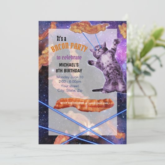 Cat Laser Bacon Funny Party Invitation Kaart (Staand voorkant)