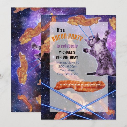 Cat Laser Bacon Funny Party Invitation Kaart (Voorkant / Achterkant)