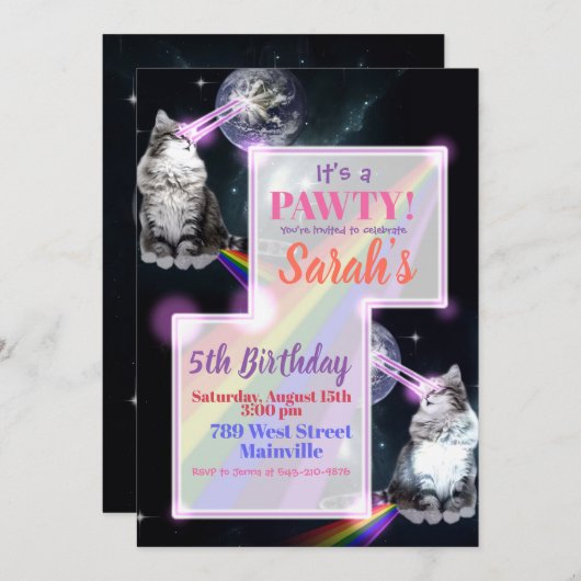 Cat Laser en Rainbow Party Uitnodiging (Voorkant / Achterkant)