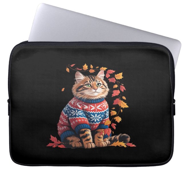 Cat Leaf Herfst Hallo Laptop Sleeve (Voorkant)