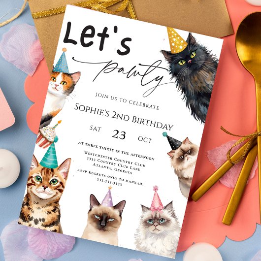 Cat Let's Pawty Kitten Cute 2nd Birthday Kaart