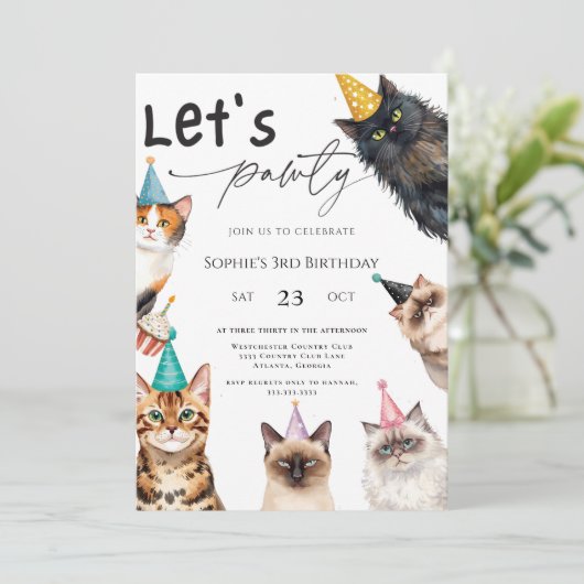 Cat Let's Pawty Kitten Cute 3rd kitty Birthday Kaart (Staand voorkant)