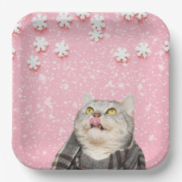 Cat likken sneeuwvlokken vierkant papier Borden Papieren Bordje