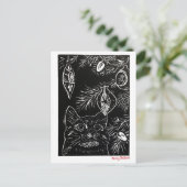 Cat Linocut Christmas Postcard Feestdagenkaart (Staand voorkant)