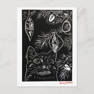 Cat Linocut Christmas Postcard Feestdagenkaart