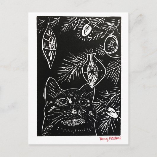 Cat Linocut Christmas Postcard Feestdagenkaart (Voorkant)