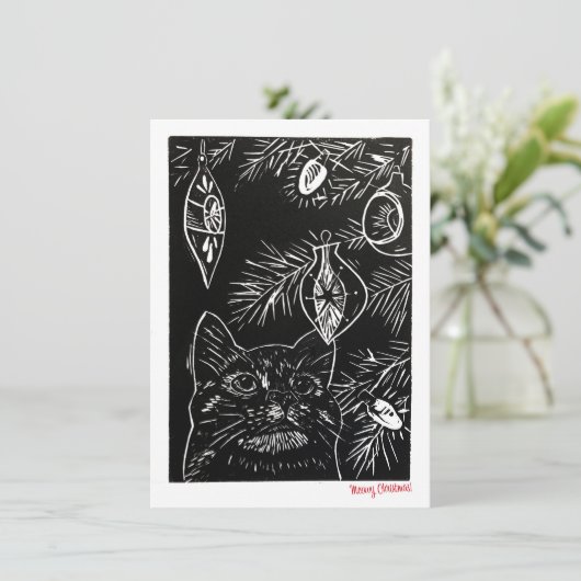 Cat Linocut Kerst Kaart (Staand voorkant)