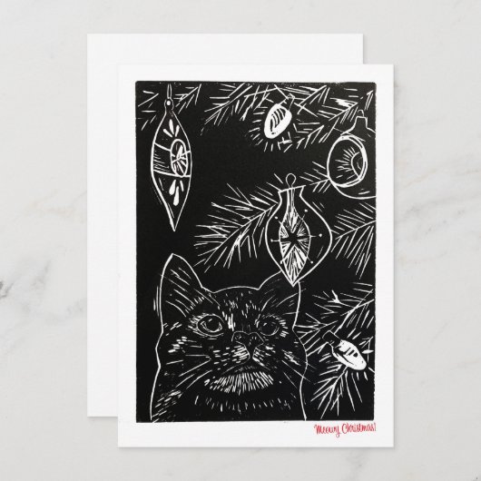 Cat Linocut Kerst Kaart (Voorkant / Achterkant)