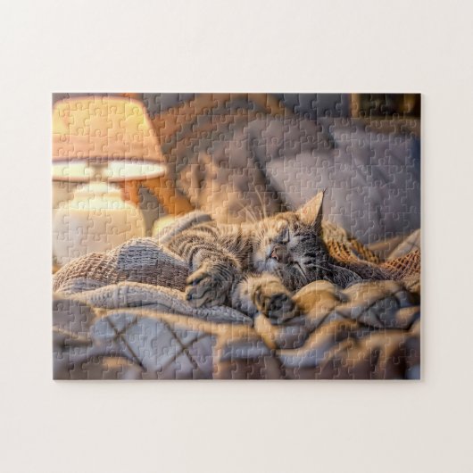Cat lounging on couch with blanket and lamp legpuzzel (Horizontaal)