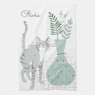 Cat Lover Boho Flowers Tekening Gepersonaliseerde  Theedoek