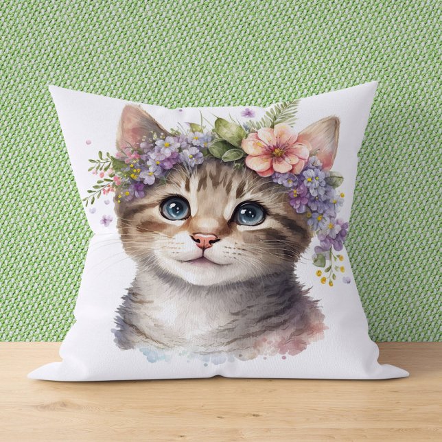 Cat Lover Gift - Waterverf Kat met bloemen Kussen (Creator heeft geüpload)