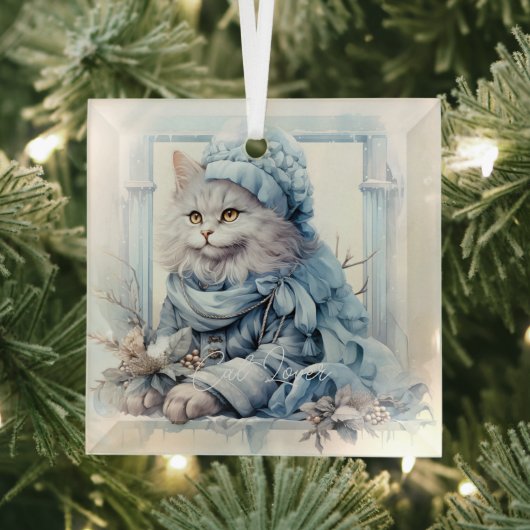 Cat Lover Grijs Kitten Blauw Victoriaans Kleding Glas Ornament (Insitu)