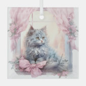 Cat Lover Grijs Kitten Roze Boog Glas Ornament (Voorkant)
