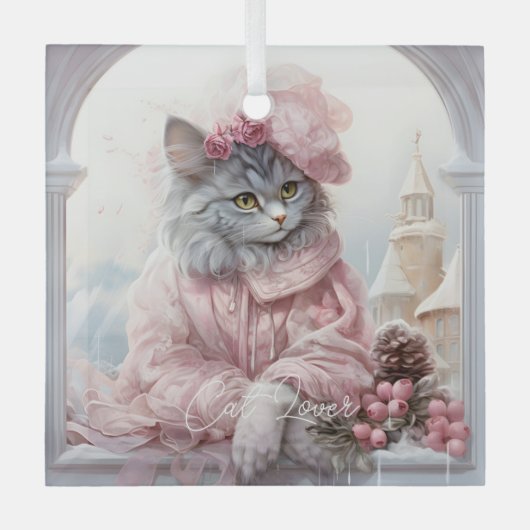 Cat Lover Grijs Kitten Roze Frilly Kleding Glas Ornament (Voorkant)