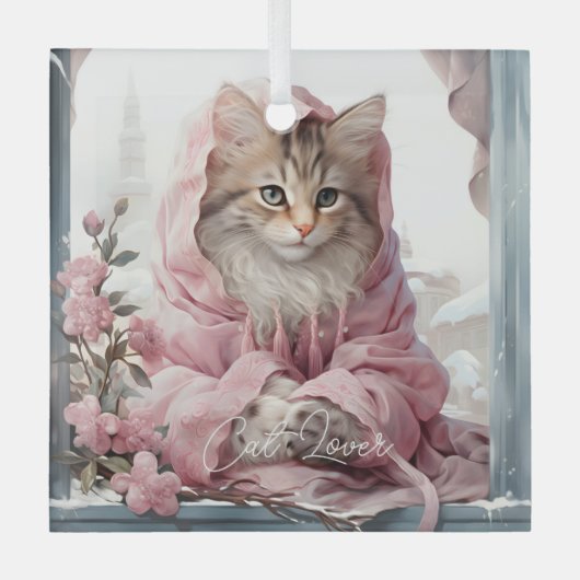 Cat Lover Grijs Wit Kitten Roze Frilly Kleding Glas Ornament (Voorkant)