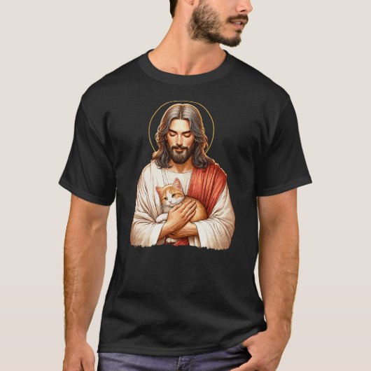 Cat Lover, Jesus Holding A Cat, Funny Christian Ar T-shirt (Voorkant)