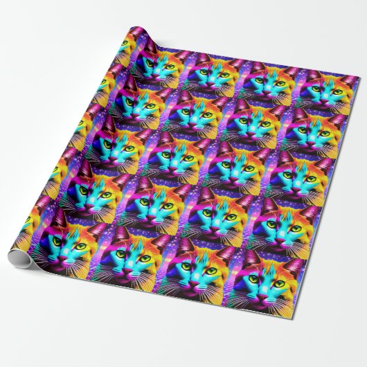 Cat Lover "Neon Galaxy" Gift Wrapping Paper Cadeaupapier (Uitgerold)