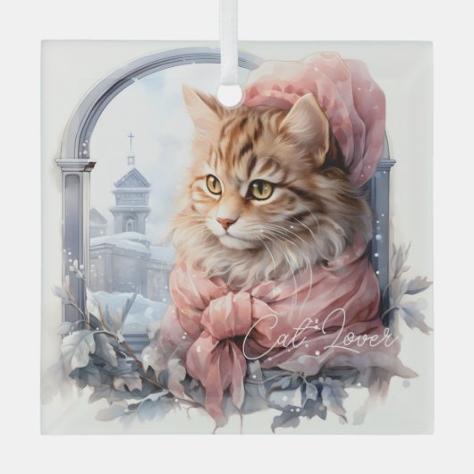 Cat Lover Tabby Kitten Roze Frilly Kleding Glas Ornament (Voorkant)
