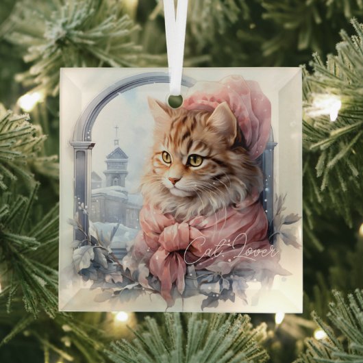 Cat Lover Tabby Kitten Roze Frilly Kleding Glas Ornament (Insitu)