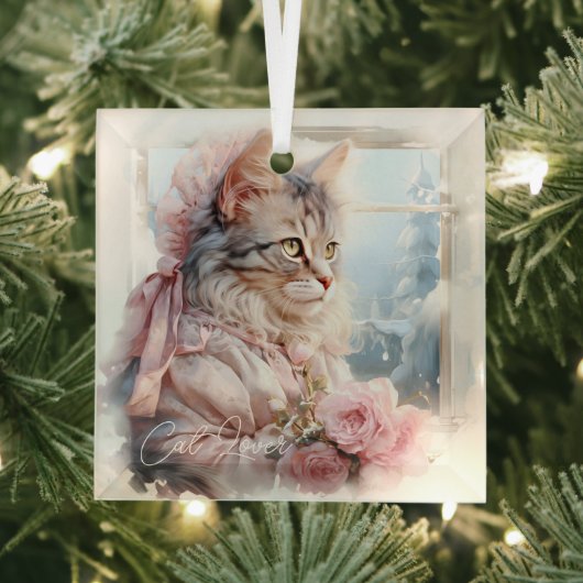 Cat Lover Tabby Kitten Roze Victoriaans Kleding Glas Ornament (Insitu)