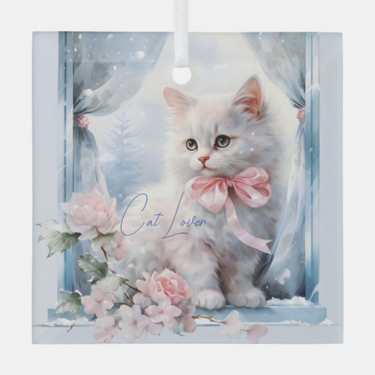 Cat Lover Wit Kitten Roze Boog Glas Ornament (Voorkant)