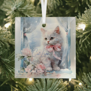 Cat Lover Wit Kitten Roze Boog Glas Ornament
