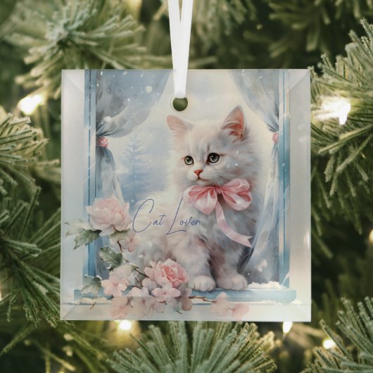 Cat Lover Wit Kitten Roze Boog Glas Ornament (Insitu)