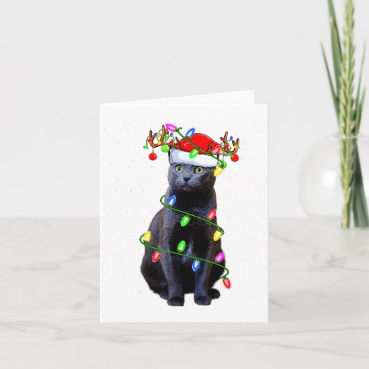 Cat Lover Xmas Lighting Santa Russian Blue Cat Chr Kaart (Voorkant)