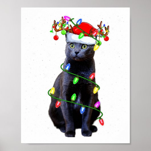 Cat Lover Xmas Lighting Santa Russian Blue Cat Chr Poster (Voorkant)