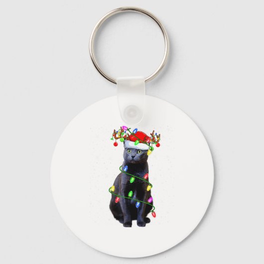 Cat Lover Xmas Lighting Santa Russian Blue Cat Chr Sleutelhanger (Voorkant)