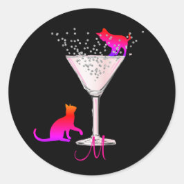 Cat Lovers Bubbles Modern Black Cocktail Monogram Ronde Sticker