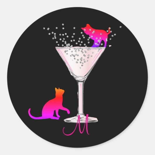 Cat Lovers Bubbles Modern Black Cocktail Monogram Ronde Sticker (Voorkant)