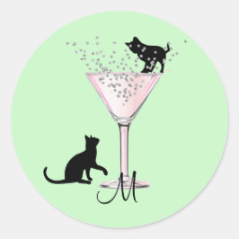 Cat Lovers Bubbles Modern Green Cocktail Monogram Ronde Sticker