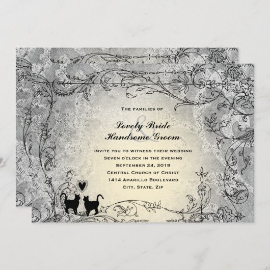 Cat Lovers  Goud Vintage Wedding Kaart (Voorkant / Achterkant)