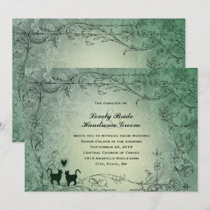 Cat Lovers  Green Vintage Wedding Kaart