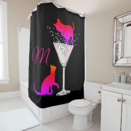 Cat Lovers Pink Black Modern Monogram Douchegordijn