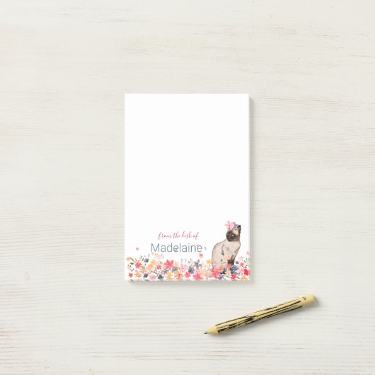 Cat Lovers Siamese Kitten Floral Personal Post-it® Notes (Op bureau)