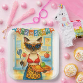 Cat Lunch Lady Serving Food Back to School Themed Papieren Bordje (Feest)